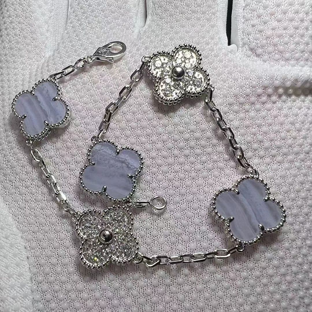 van cleef arpels 18k white gold chalcedony and diamond vintage alhambra 5 motif bracelet