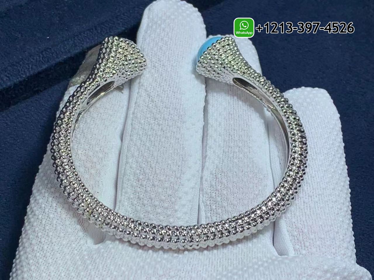 Van-Cleef-Arpels-18k-White-Gold-Turquoise-Diamond-Perlee-Couleurs-Bracelet-VCARP27800-1.jpg Custom Made Best Quality 1:1 Cheap Van Cleef & Arpels 18k White Gold Turquoise Diamond Perlée Couleurs Bracelet - High Quality 18k Gold and Diamond Luxury Distinctive Collection Designer Jewelry Customized Factory Price - Image 3