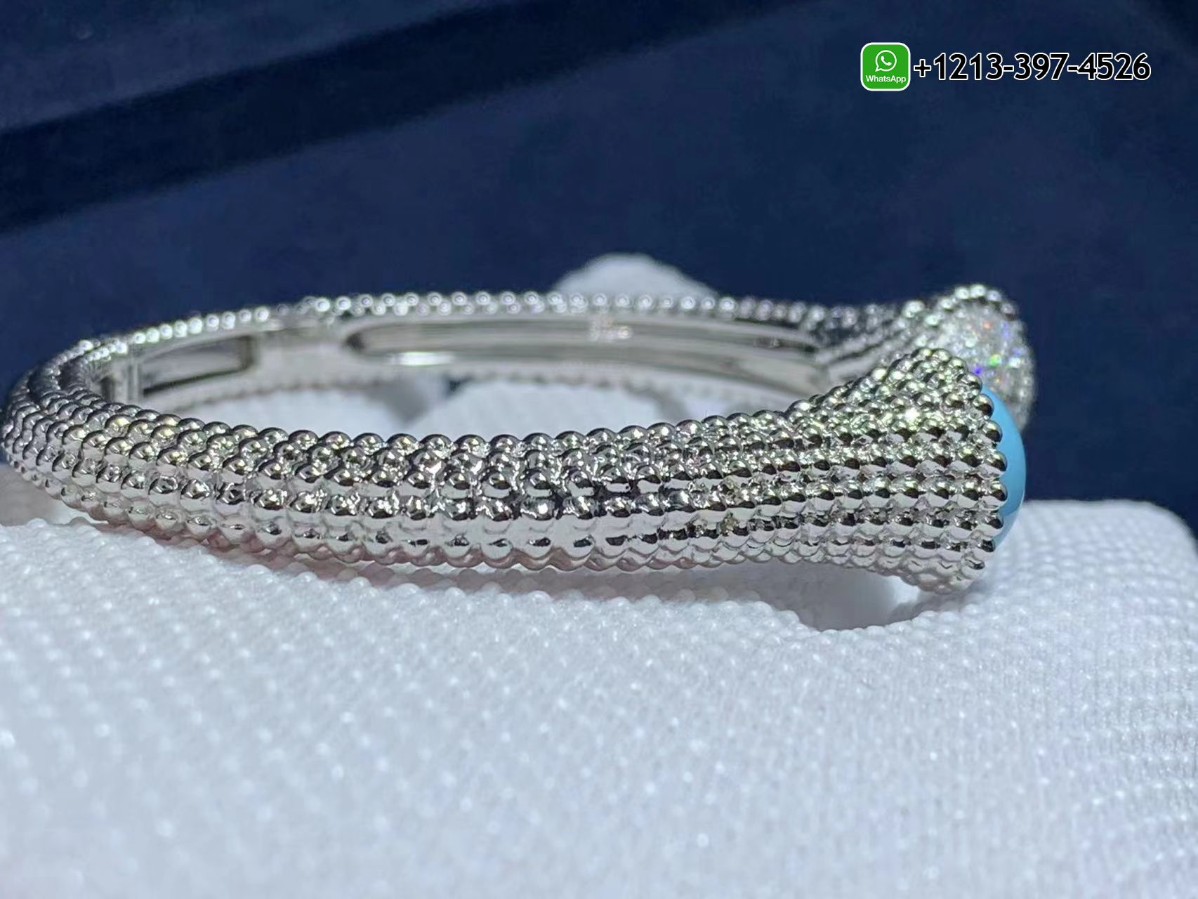 Van-Cleef-Arpels-18k-White-Gold-Turquoise-Diamond-Perlee-Couleurs-Bracelet-VCARP27800-11.jpg Custom Made Best Quality 1:1 Cheap Van Cleef & Arpels 18k White Gold Turquoise Diamond Perlée Couleurs Bracelet - High Quality 18k Gold and Diamond Luxury Distinctive Collection Designer Jewelry Customized Factory Price - Image 11