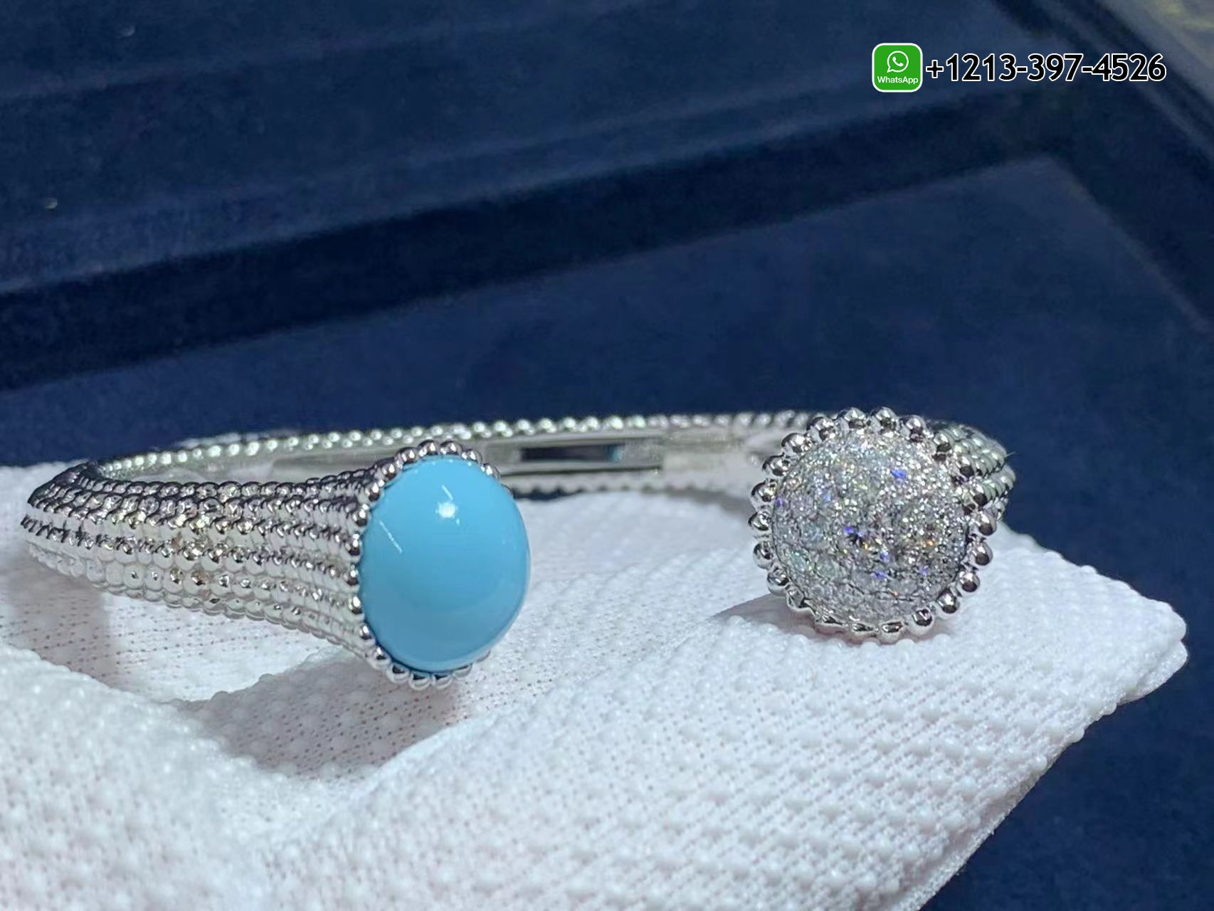 Van-Cleef-Arpels-18k-White-Gold-Turquoise-Diamond-Perlee-Couleurs-Bracelet-VCARP27800-13.jpg Custom Made Best Quality 1:1 Cheap Van Cleef & Arpels 18k White Gold Turquoise Diamond Perlée Couleurs Bracelet - High Quality 18k Gold and Diamond Luxury Distinctive Collection Designer Jewelry Customized Factory Price - Image 13