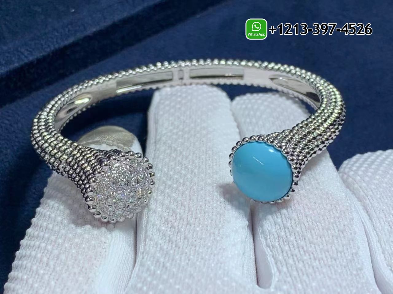Van-Cleef-Arpels-18k-White-Gold-Turquoise-Diamond-Perlee-Couleurs-Bracelet-VCARP27800-3.jpg Custom Made Best Quality 1:1 Cheap Van Cleef & Arpels 18k White Gold Turquoise Diamond Perlée Couleurs Bracelet - High Quality 18k Gold and Diamond Luxury Distinctive Collection Designer Jewelry Customized Factory Price - Image 2