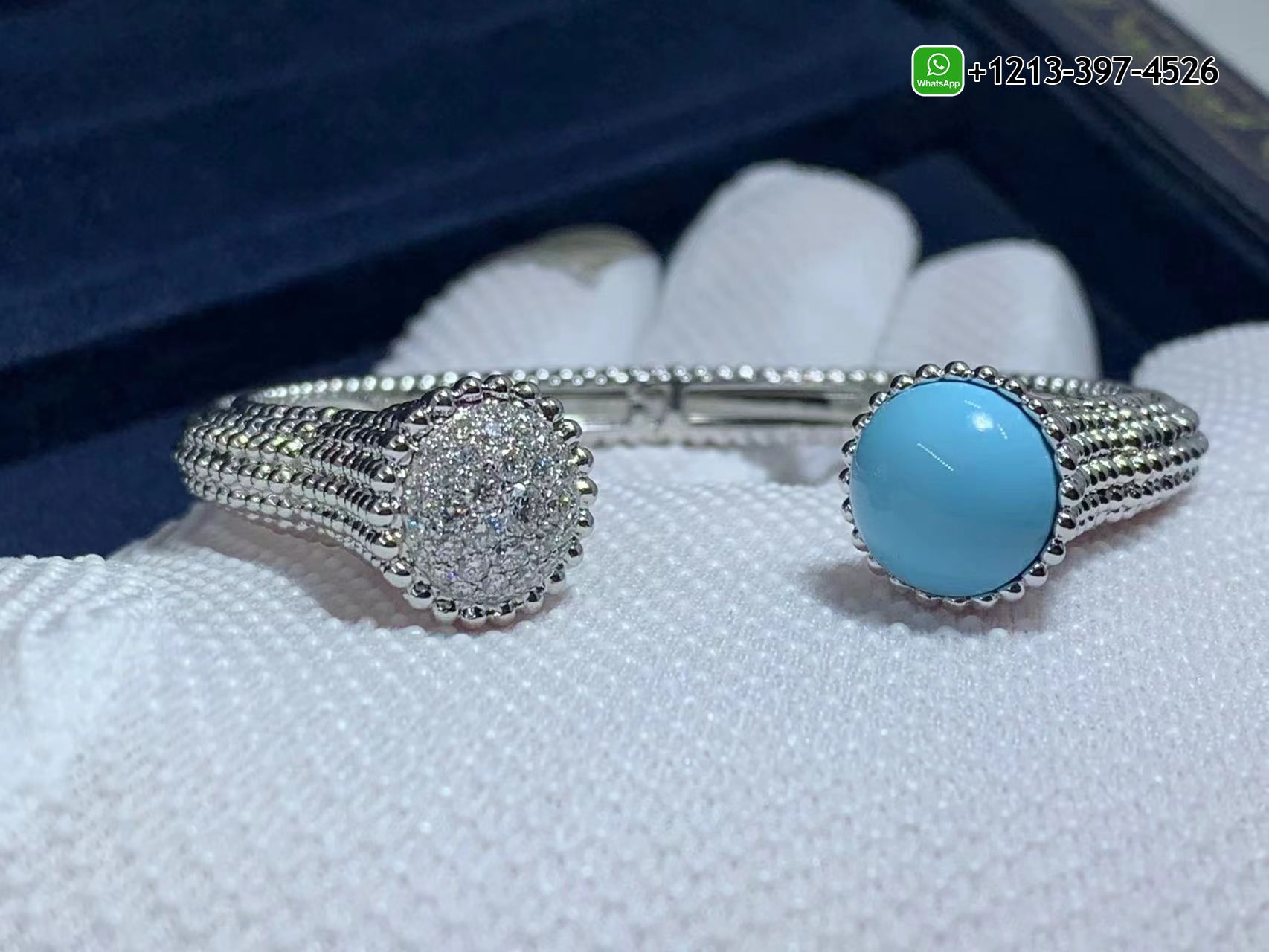 Van-Cleef-Arpels-18k-White-Gold-Turquoise-Diamond-Perlee-Couleurs-Bracelet-VCARP27800-6.jpg Custom Made Best Quality 1:1 Cheap Van Cleef & Arpels 18k White Gold Turquoise Diamond Perlée Couleurs Bracelet - High Quality 18k Gold and Diamond Luxury Distinctive Collection Designer Jewelry Customized Factory Price - Image 6
