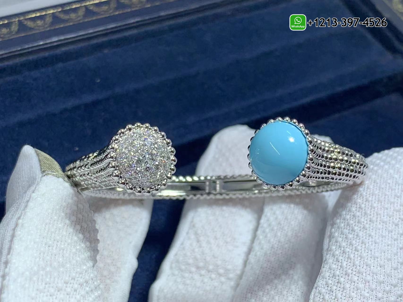 Van-Cleef-Arpels-18k-White-Gold-Turquoise-Diamond-Perlee-Couleurs-Bracelet-VCARP27800-7.jpg Custom Made Best Quality 1:1 Cheap Van Cleef & Arpels 18k White Gold Turquoise Diamond Perlée Couleurs Bracelet - High Quality 18k Gold and Diamond Luxury Distinctive Collection Designer Jewelry Customized Factory Price - Image 7