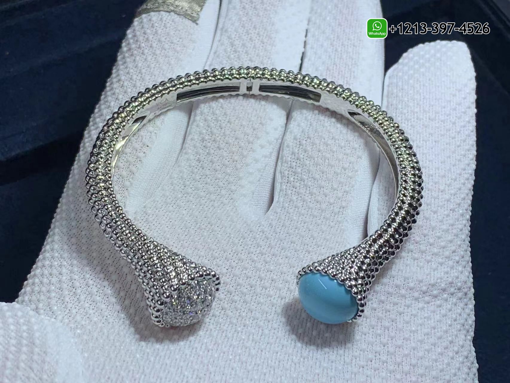Van-Cleef-Arpels-18k-White-Gold-Turquoise-Diamond-Perlee-Couleurs-Bracelet-VCARP27800-8.jpg Custom Made Best Quality 1:1 Cheap Van Cleef & Arpels 18k White Gold Turquoise Diamond Perlée Couleurs Bracelet - High Quality 18k Gold and Diamond Luxury Distinctive Collection Designer Jewelry Customized Factory Price - Image 8