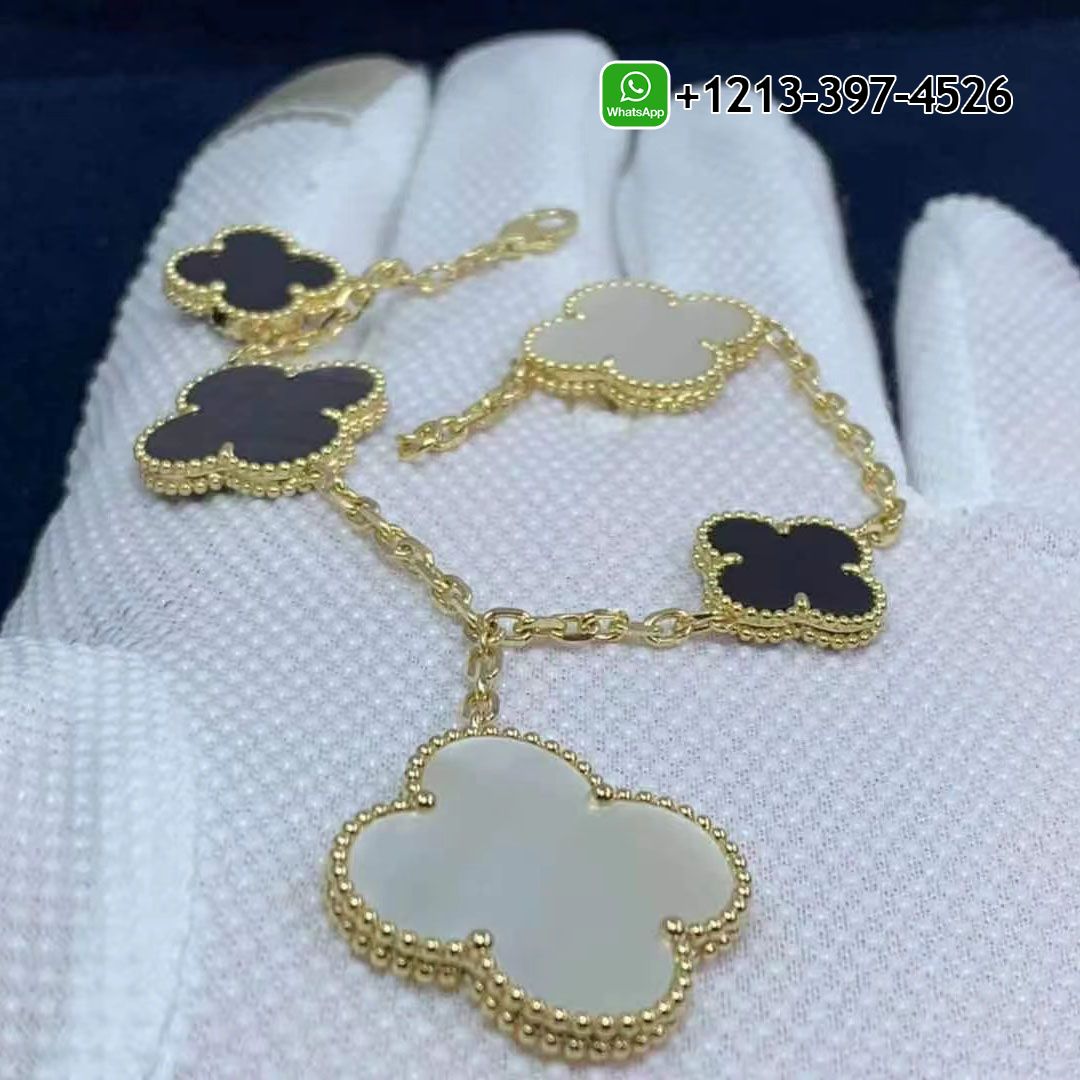 Custom Made Best Quality 1:1 Van Cleef & Arpels 18k Yellow Gold 5 Motif Onyx Mother of Pearl Magic Alhambra Bracelet - High Quality 18k Gold and Diamond Luxury Distinctive Collection Designer Jewelry Customized Factory Price Van Cleef Arpels 18k Yellow Gold 5 Motif Onyx Mother Of Pearl Magic Alhambra Bracelet VCARD78700