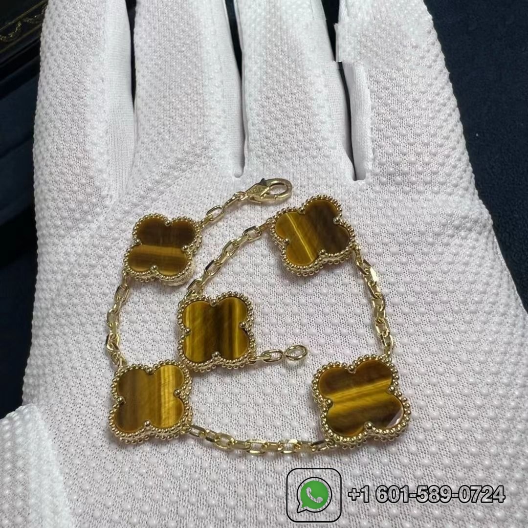 van cleef arpels 18k yellow gold 5 motif tigers eye vintage alhambra bracelet vcard35600 4