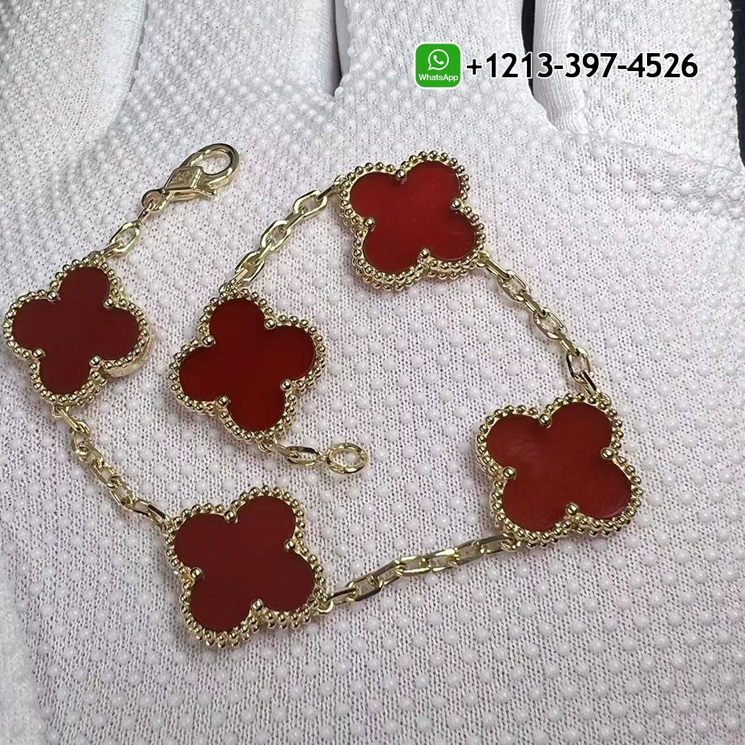 Cheap 1:1 Quality Van Cleef & Arpels 18k Yellow Gold And Carnelian Vintage Alhambra 5 Motif Bracelet - High Quality 18k Gold and Diamond Luxury Distinctive Collection Designer Jewelry Customized Factory Price