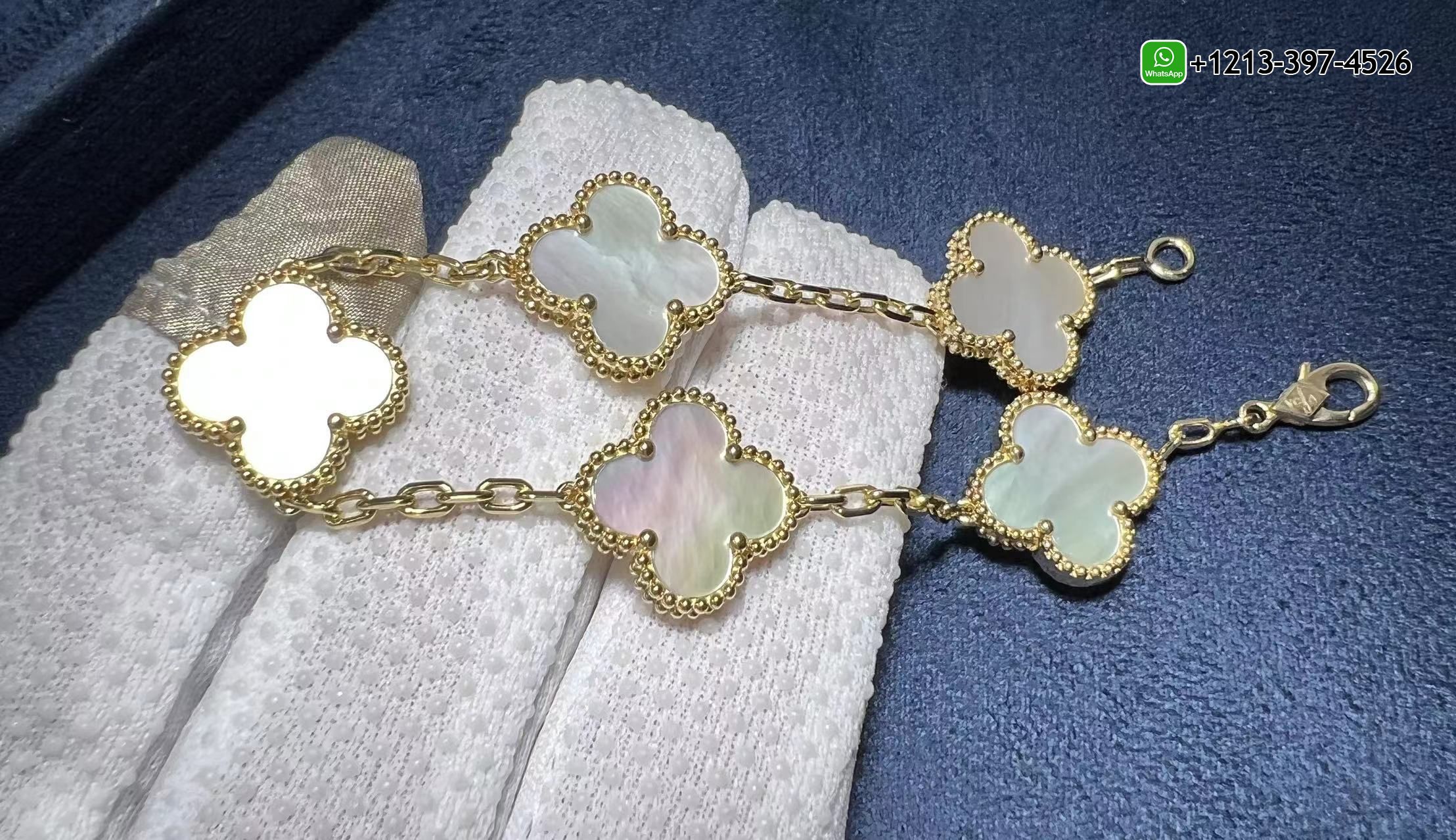 Van-Cleef-Arpels-18k-Yellow-Gold-And-Mother-Of-Pearl-Vintage-Alhambra-5-Motif-Bracelet-VCARA41800-1.jpg Van Cleef & Arpels 18k Yellow Gold And Mother Of Pearl Vintage Alhambra 5 Motif Bracelet VCARA41800 - High Quality 18k Gold and Diamond Luxury Distinctive Collection Designer Jewelry Customized Factory Price - Image 4