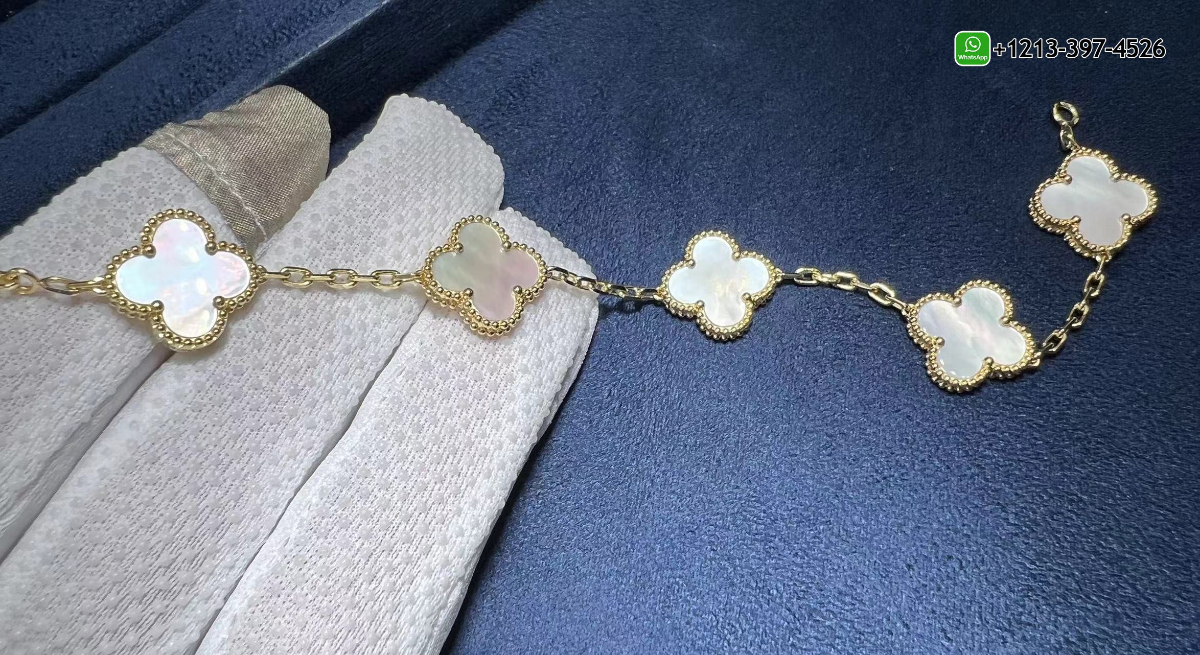 Van-Cleef-Arpels-18k-Yellow-Gold-And-Mother-Of-Pearl-Vintage-Alhambra-5-Motif-Bracelet-VCARA41800-2.jpg Van Cleef & Arpels 18k Yellow Gold And Mother Of Pearl Vintage Alhambra 5 Motif Bracelet VCARA41800 - High Quality 18k Gold and Diamond Luxury Distinctive Collection Designer Jewelry Customized Factory Price - Image 3