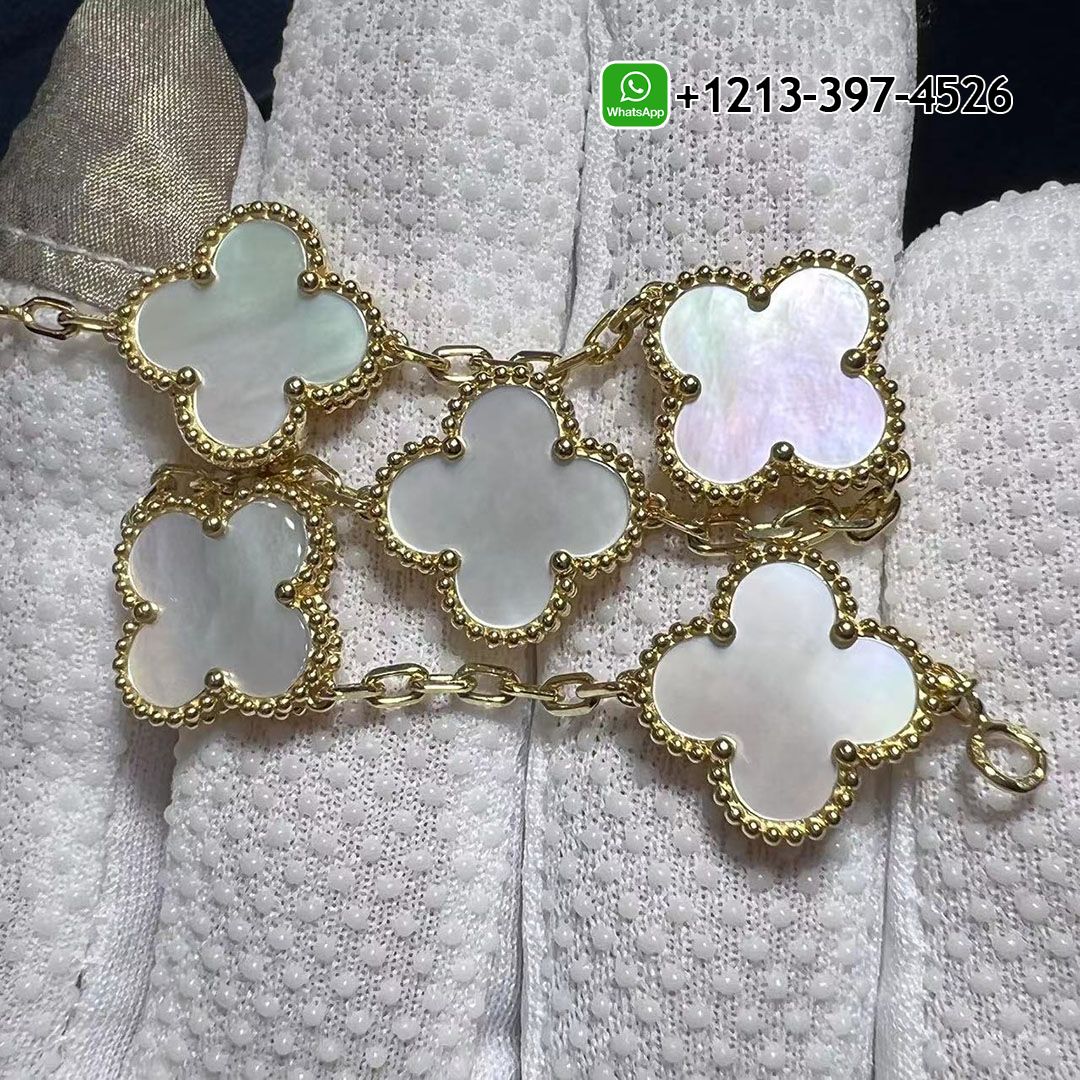 Van Cleef & Arpels 18k Yellow Gold And Mother Of Pearl Vintage Alhambra 5 Motif Bracelet VCARA41800 - High Quality 18k Gold and Diamond Luxury Distinctive Collection Designer Jewelry Customized Factory Price