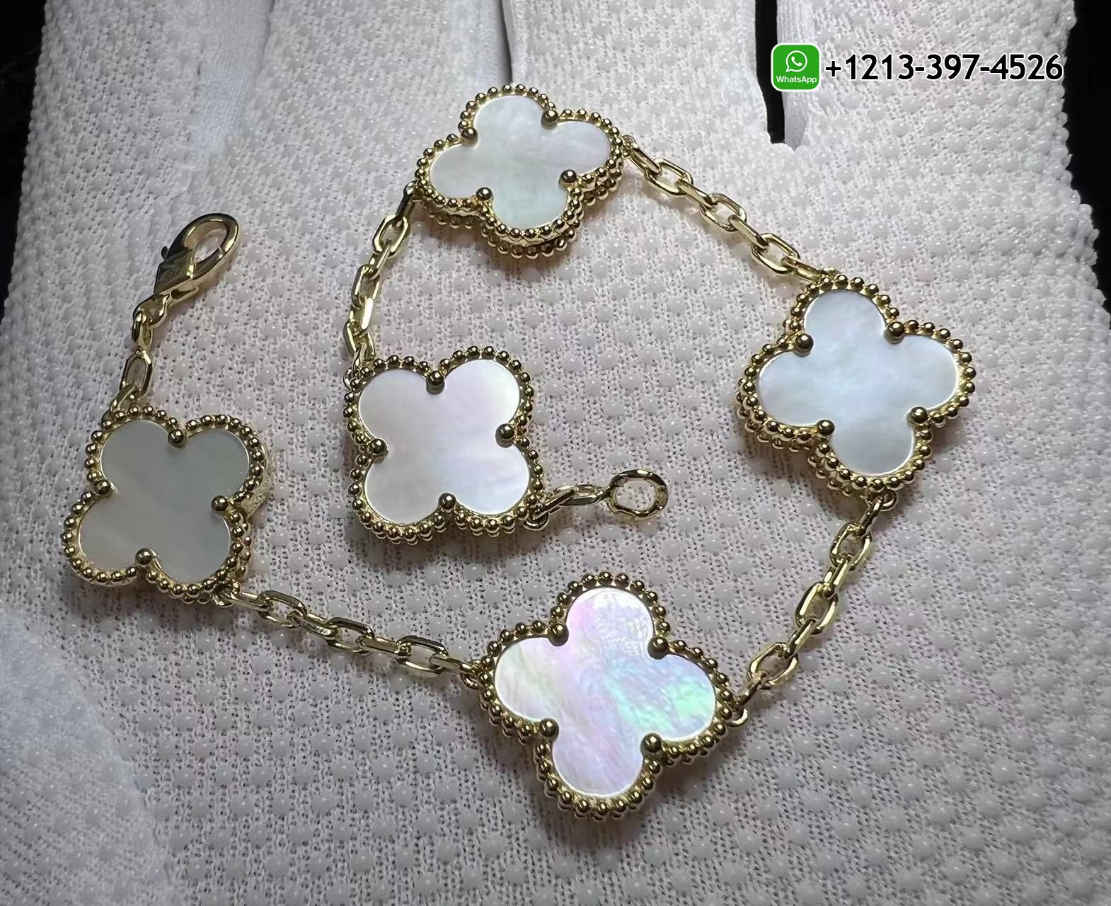Van-Cleef-Arpels-18k-Yellow-Gold-And-Mother-Of-Pearl-Vintage-Alhambra-5-Motif-Bracelet-VCARA41800-4.jpg Van Cleef & Arpels 18k Yellow Gold And Mother Of Pearl Vintage Alhambra 5 Motif Bracelet VCARA41800 - High Quality 18k Gold and Diamond Luxury Distinctive Collection Designer Jewelry Customized Factory Price - Image 2