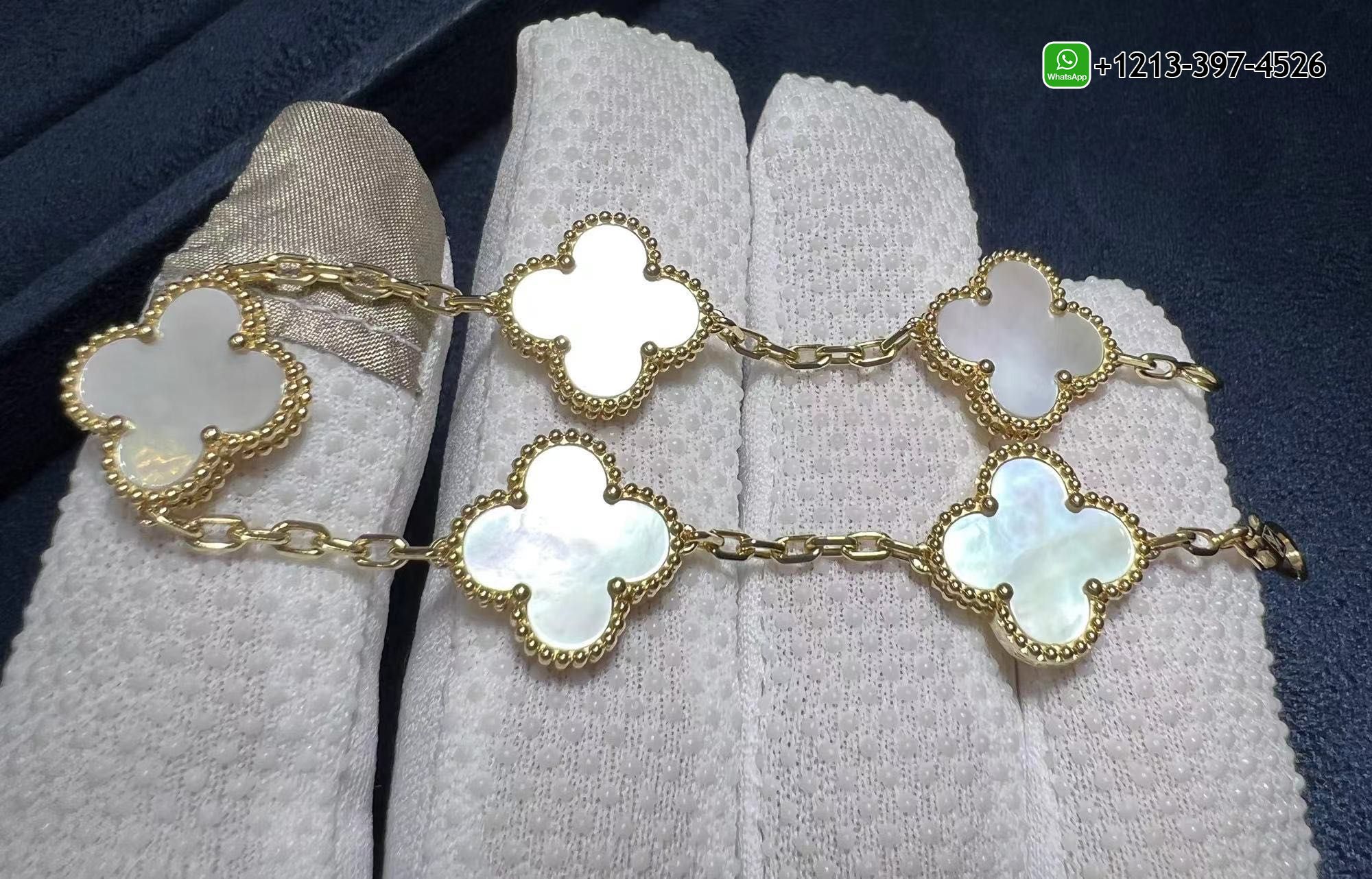 Van-Cleef-Arpels-18k-Yellow-Gold-And-Mother-Of-Pearl-Vintage-Alhambra-5-Motif-Bracelet-VCARA41800.jpg Van Cleef & Arpels 18k Yellow Gold And Mother Of Pearl Vintage Alhambra 5 Motif Bracelet VCARA41800 - High Quality 18k Gold and Diamond Luxury Distinctive Collection Designer Jewelry Customized Factory Price - Image 5