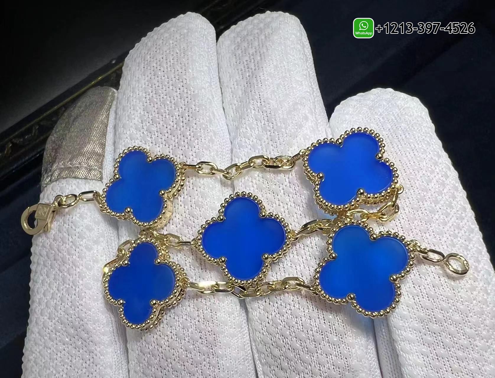 Van-Cleef-Arpels-18k-Yellow-Gold-Blue-Agate-5-Motif-Vintage-Alhambra-Bracelet-VCARP34900-1.jpg Custom Made Van Cleef & Arpels 18k Yellow Gold Blue Agate 5 Motif Vintage Alhambra Bracelet - High Quality 18k Gold and Diamond Luxury Distinctive Collection Designer Jewelry Customized Factory Price - Image 2