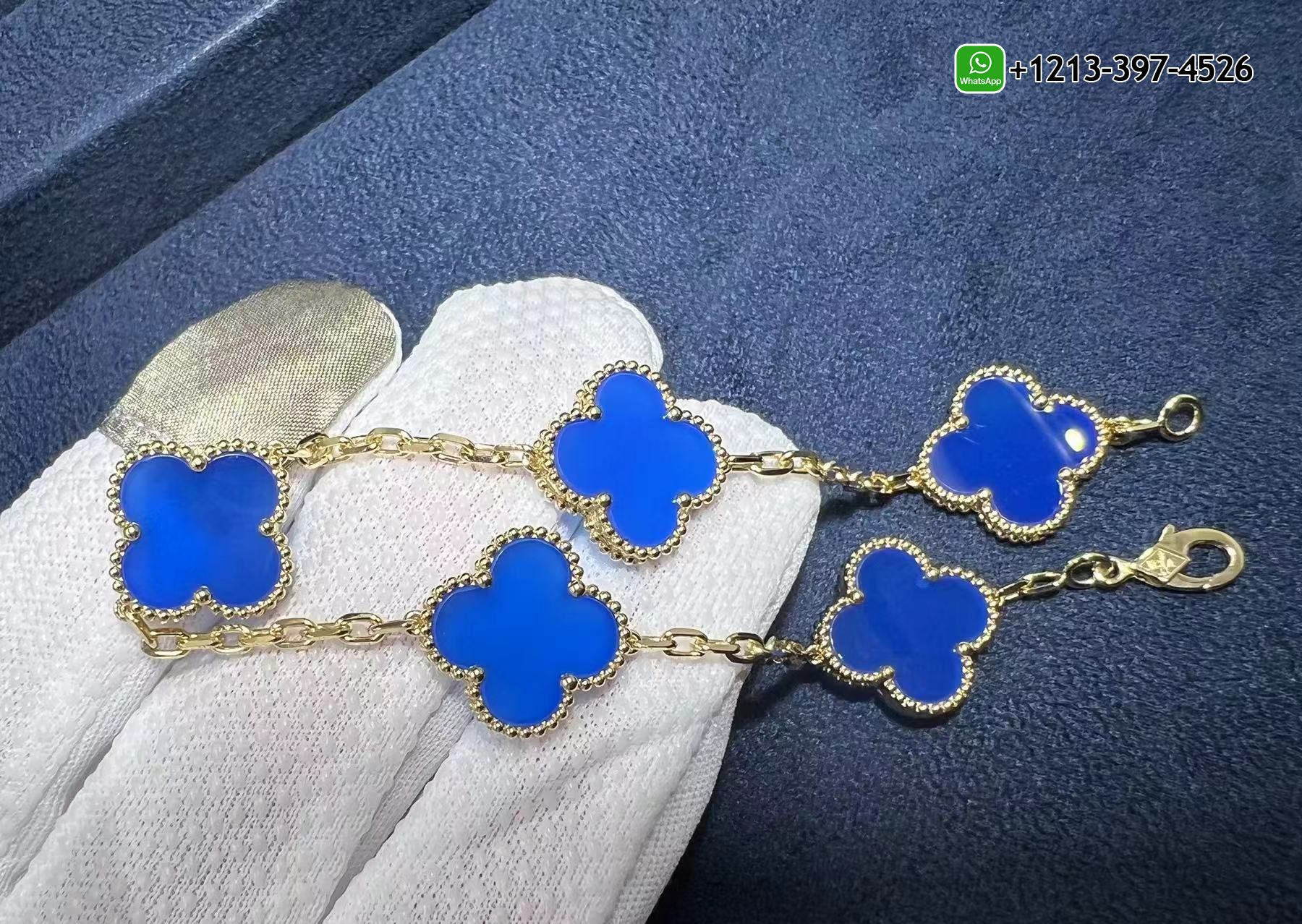Van-Cleef-Arpels-18k-Yellow-Gold-Blue-Agate-5-Motif-Vintage-Alhambra-Bracelet-VCARP34900-2.jpg Custom Made Van Cleef & Arpels 18k Yellow Gold Blue Agate 5 Motif Vintage Alhambra Bracelet - High Quality 18k Gold and Diamond Luxury Distinctive Collection Designer Jewelry Customized Factory Price - Image 3