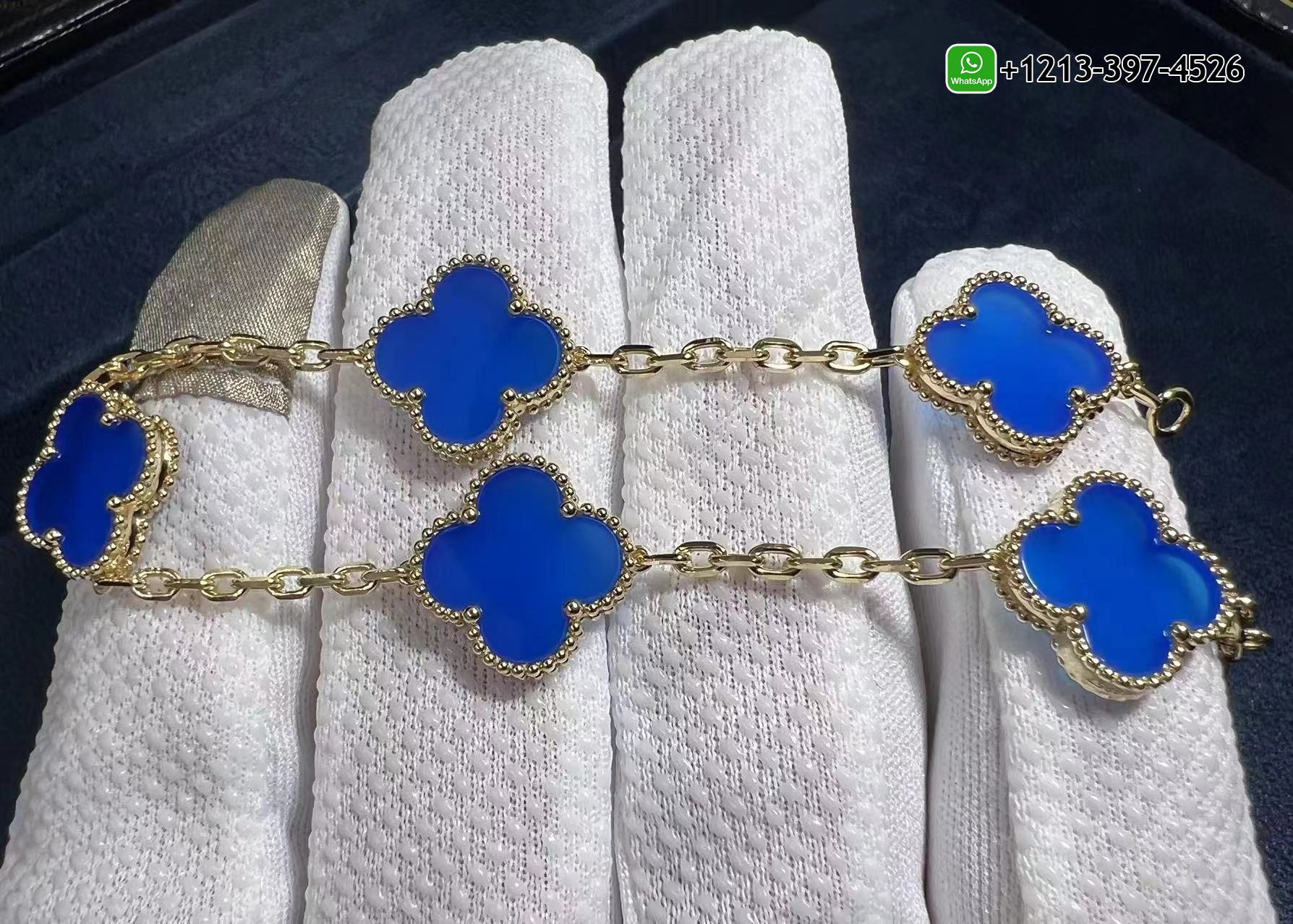 Van-Cleef-Arpels-18k-Yellow-Gold-Blue-Agate-5-Motif-Vintage-Alhambra-Bracelet-VCARP34900-3.jpg Custom Made Van Cleef & Arpels 18k Yellow Gold Blue Agate 5 Motif Vintage Alhambra Bracelet - High Quality 18k Gold and Diamond Luxury Distinctive Collection Designer Jewelry Customized Factory Price - Image 4