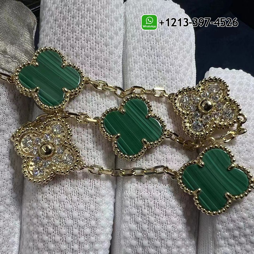 Best Sellers 1:1 Quality Cheap Custom Made Van Cleef & Arpels 18k Yellow Gold Malachite & Diamond 5 Motifs Vintage Alhambra Bracelet - High Quality 18k Gold and Diamond Luxury Distinctive Collection Designer Jewelry Customized Factory Price Van Cleef Arpels 18k Yellow Gold Malachite Diamond 5 Motifs Vintage Alhambra Bracelet VCARO7GQ00