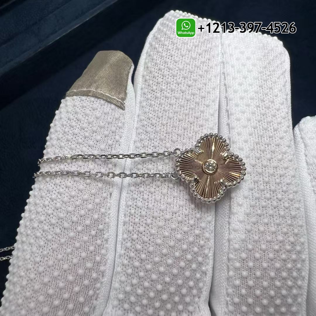 Van Cleef Arpels 2024 Two Tone Guilloche Vintage Alhambra Diamond Holiday Pendant Necklace
