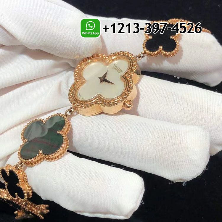 Van Cleef Arpels Alhambra 18K Yellow Gold Mother Of Pearl Onyx Small Model Watch VCARO40P00