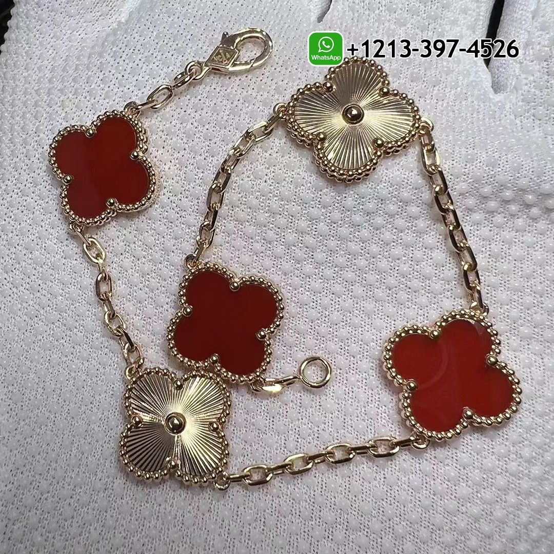 Custom Made 1:1 Top Quality Van Cleef & Arpels 18K Rose Gold Carnelian 5 Motifs Guilloche Vintage Alhambra Bracelet - High Quality 18k Gold and Diamond Luxury Distinctive Collection Designer Jewelry Customized Factory Price Van Cleef Arpels Carnelian And Guilloche 18K Rose Gold 5 Motifs Vintage Alhambra Bracelet VCARP7RP00