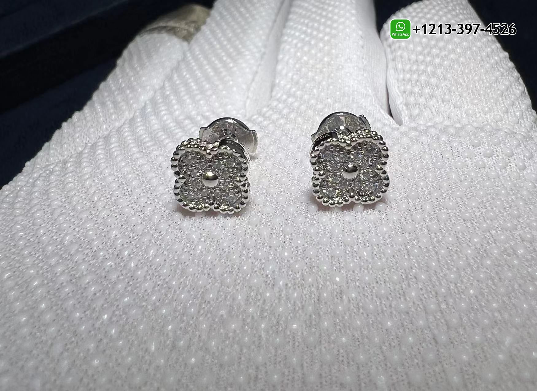 Van-Cleef-Arpels-Diamond-Paved-18K-White-Gold-Sweet-Alhambra-Earstuds-VCARO85500-1.jpg Custom Made Van Cleef & Arpels Diamond Paved 18K White Gold Sweet Alhambra Earstuds Replica - High Quality 18k Gold and Diamond Luxury Distinctive Collection Designer Jewelry Customized Factory Price - Image 2