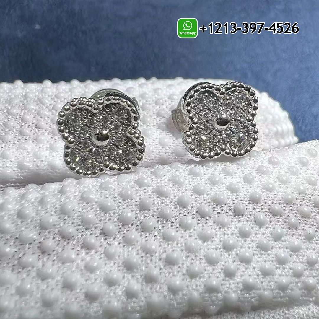 Custom Made Van Cleef & Arpels Diamond Paved 18K White Gold Sweet Alhambra Earstuds Replica - High Quality 18k Gold and Diamond Luxury Distinctive Collection Designer Jewelry Customized Factory Price Van Cleef Arpels Diamond Paved 18K White Gold Sweet Alhambra Earstuds VCARO85500