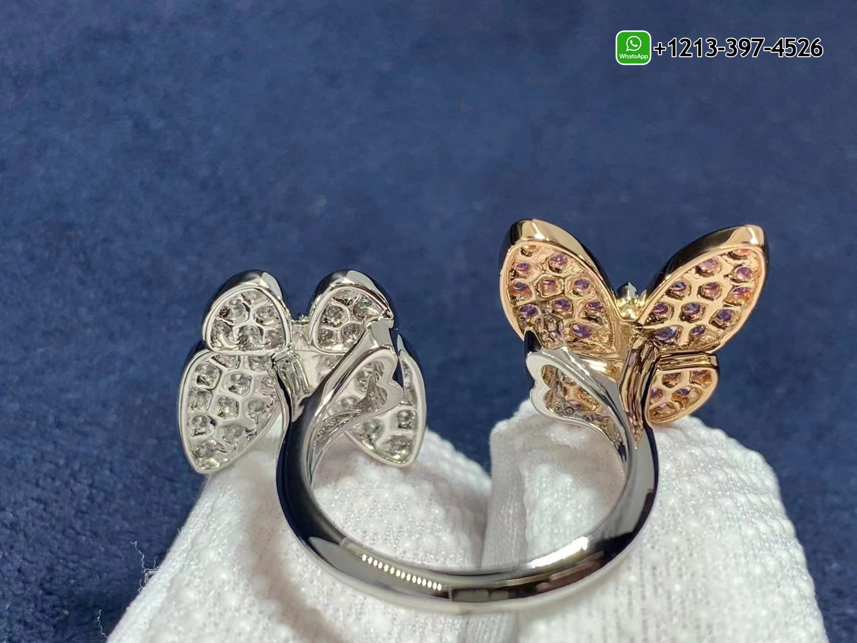 Van-Cleef-Arpels-Diamond-and-Pink-Sapphire-Two-Butterfly-Between-the-Finger-Ring-VCARO3M500-2.jpg Custom Made Best Quality 1:1 Cheap Van Cleef & Arpels Diamond and Pink Sapphire Two Butterfly Between the Finger Ring - High Quality 18k Gold and Diamond Luxury Distinctive Collection Designer Jewelry Customized Factory Price - Image 3