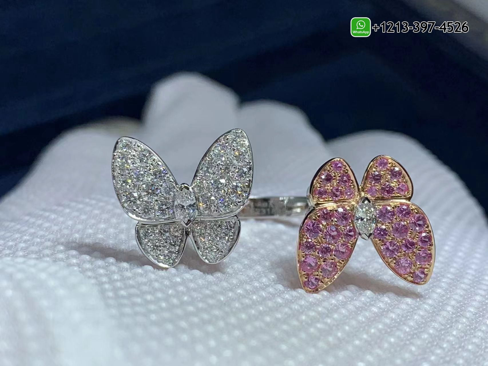 Van-Cleef-Arpels-Diamond-and-Pink-Sapphire-Two-Butterfly-Between-the-Finger-Ring-VCARO3M500-4.jpg Custom Made Best Quality 1:1 Cheap Van Cleef & Arpels Diamond and Pink Sapphire Two Butterfly Between the Finger Ring - High Quality 18k Gold and Diamond Luxury Distinctive Collection Designer Jewelry Customized Factory Price - Image 5