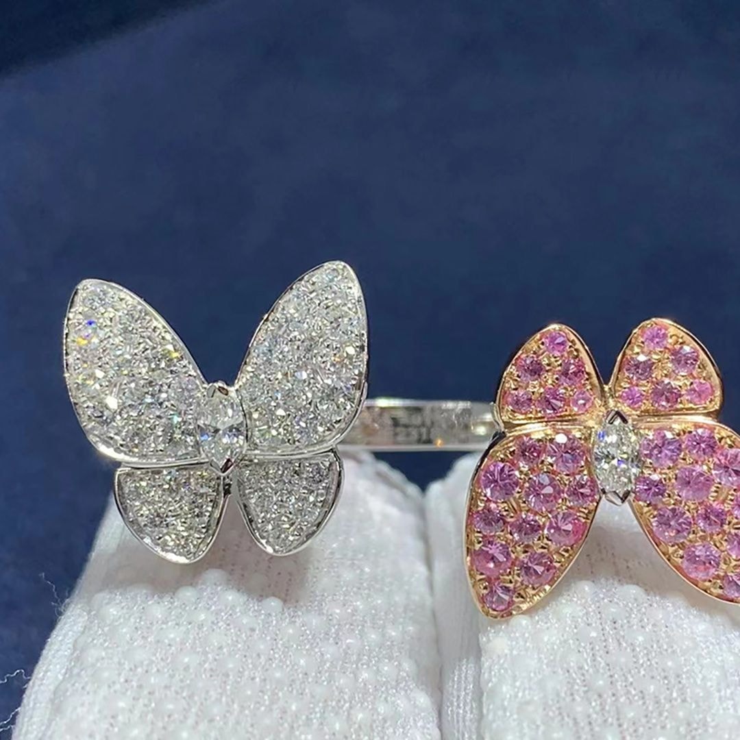 van cleef arpels diamond and pink sapphire two butterfly between the finger ring vcaro3m500