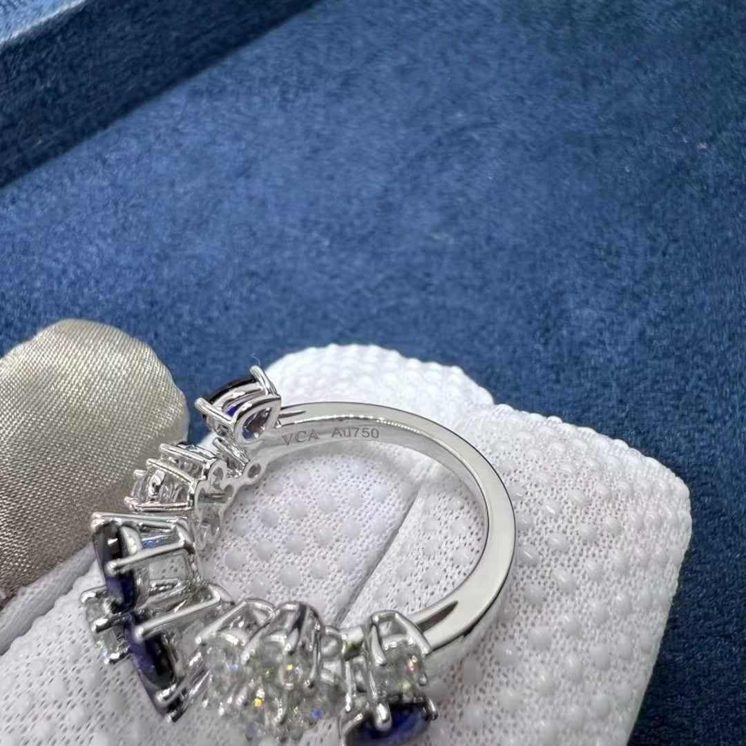 van cleef arpels folie des pres diamond blue sapphire 18k white gold flower ring vcarp05700 2