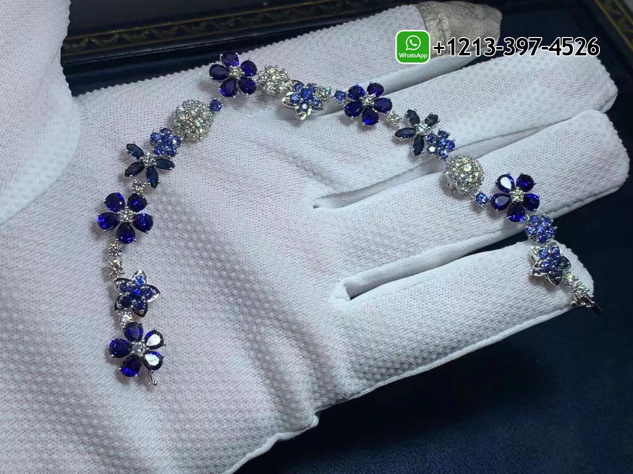 Van-Cleef-Arpels-Folie-des-pres-Diamond-Sapphire-Flower-18k-White-Gold-Bracelet-VCARP05A00-4.jpg Best Sellers 1:1 Quality Cheap Custom Made Van Cleef & Arpels Folie des pres Diamond Sapphire Flower 18k White Gold Bracelet - High Quality 18k Gold and Diamond Luxury Distinctive Collection Designer Jewelry Customized Factory Price - Image 5