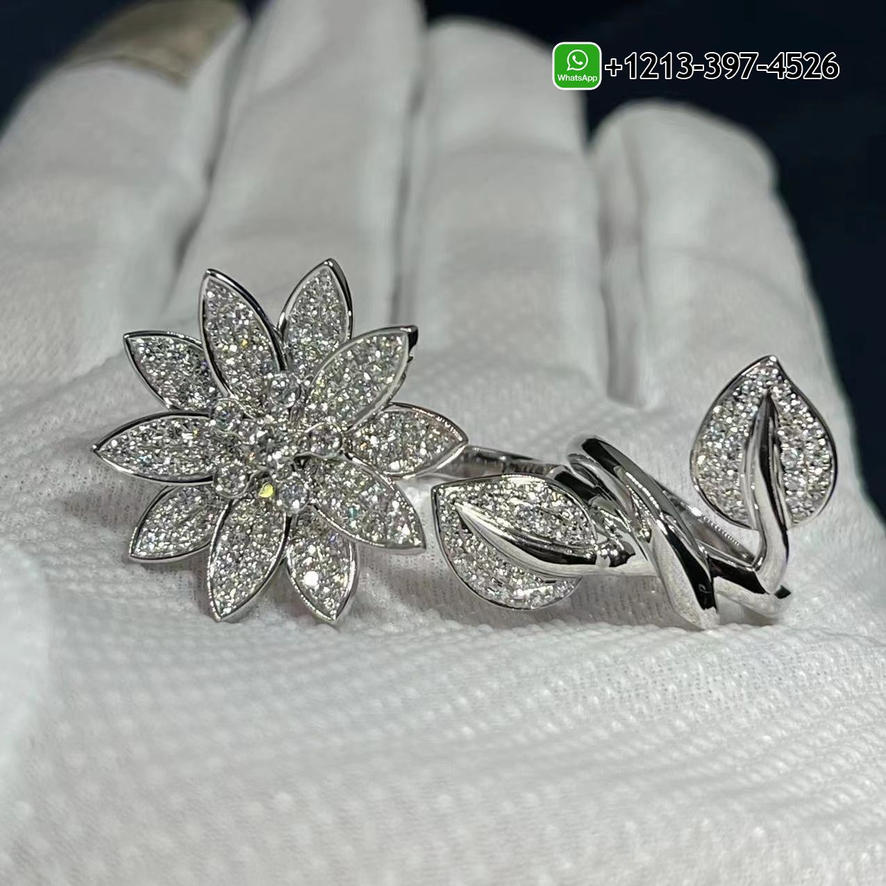 Van-Cleef-Arpels-Lotus-Between-The-Finger-18k-White-Gold-Pave-Diamond-Ring-VCARP1ND00-1.jpg Custom Made Best Quality 1:1 Van Cleef & Arpels Lotus Between The Finger 18k White Gold Pave Diamond Ring - High Quality 18k Gold and Diamond Luxury Distinctive Collection Designer Jewelry Customized Factory Price - Image 2