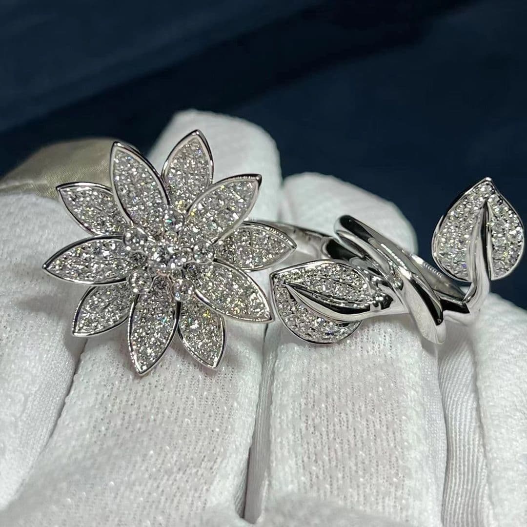 van cleef arpels lotus between the finger 18k white gold pave diamond ring vcarp1nd00