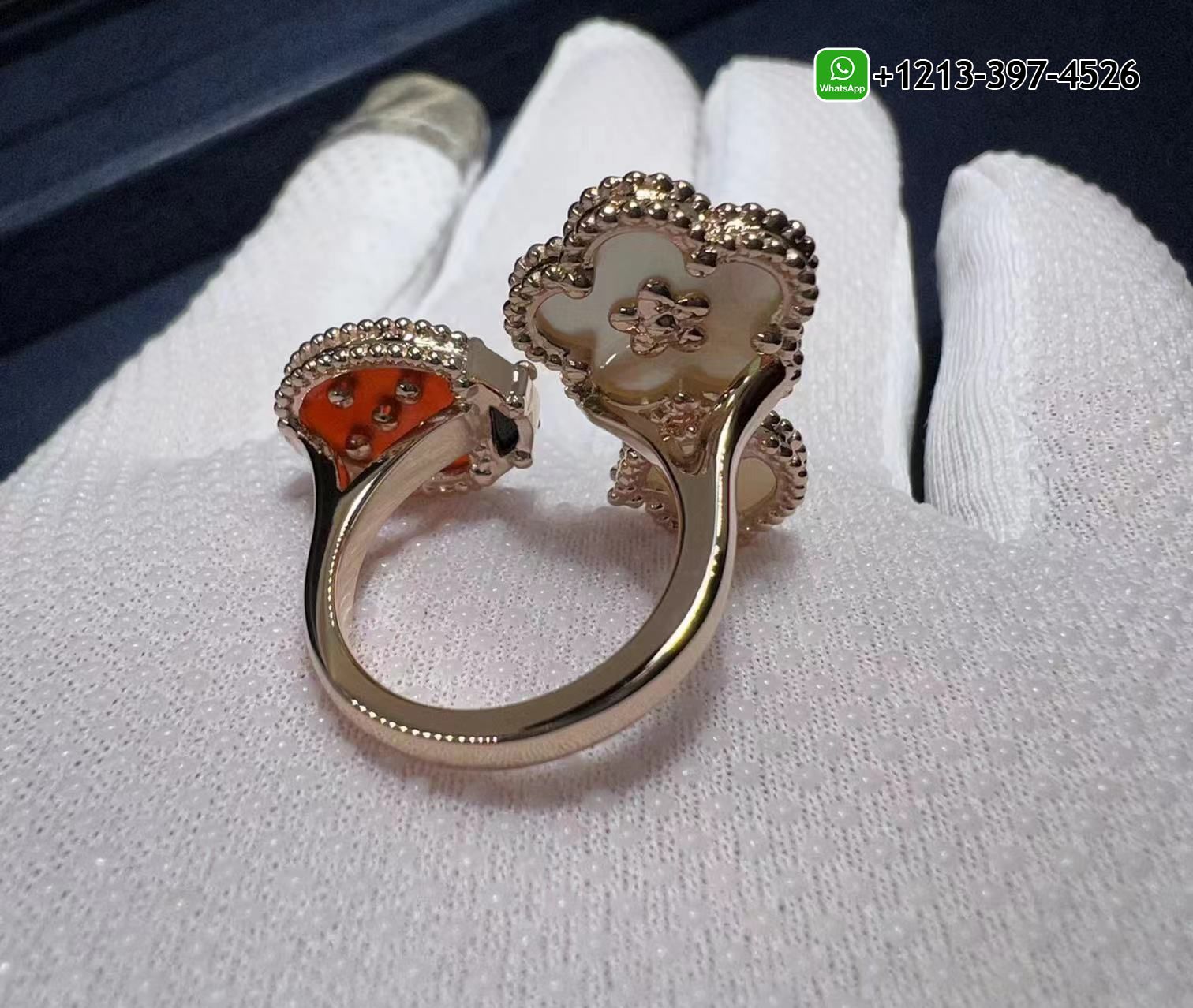 Van-Cleef-Arpels-Lucky-Spring-18K-Rose-Gold-Mother-of-Pearl-Carnelian-Onyx-Between-the-Finger-Ring-VCARP9X300-5.jpg 1:1 High Quality VCA Lucky Spring Between the Finger Ring - High Quality 18k Gold and Diamond Luxury Distinctive Collection Designer Jewelry Customized Factory Price - Image 6