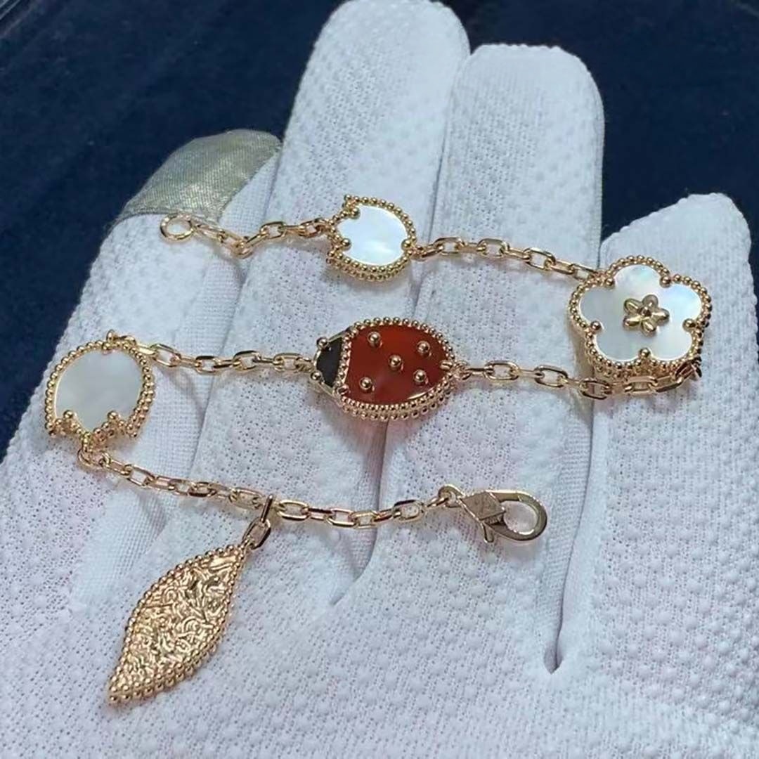 van cleef arpels lucky spring 5 motifs 18k rose gold mother of pearl carnelian onyx bracelet vcarp7rr00