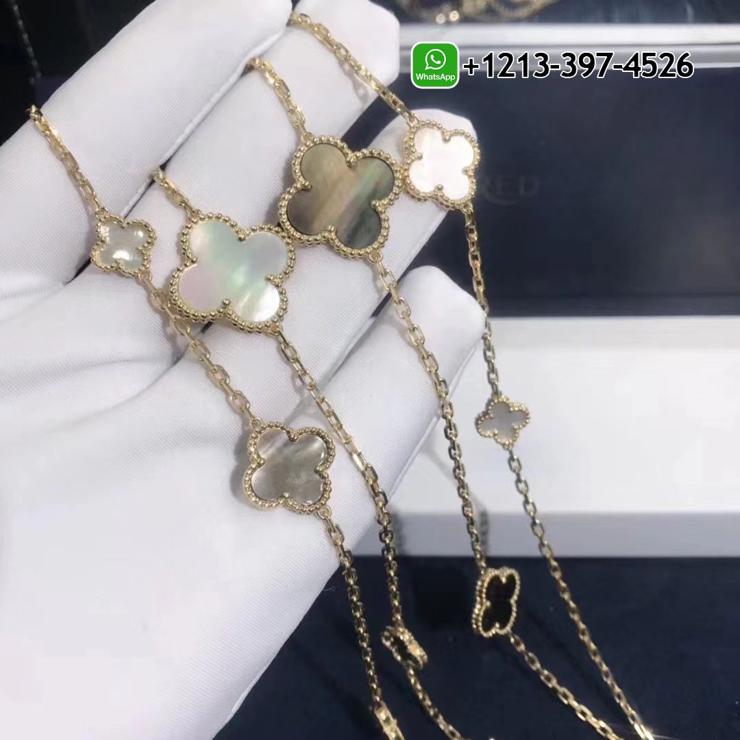 Van Cleef Arpels Magic Alhambra 16 Motif Mother Of Pearl Onyx 18K Yellow Gold Long Necklace VCARD79400 3