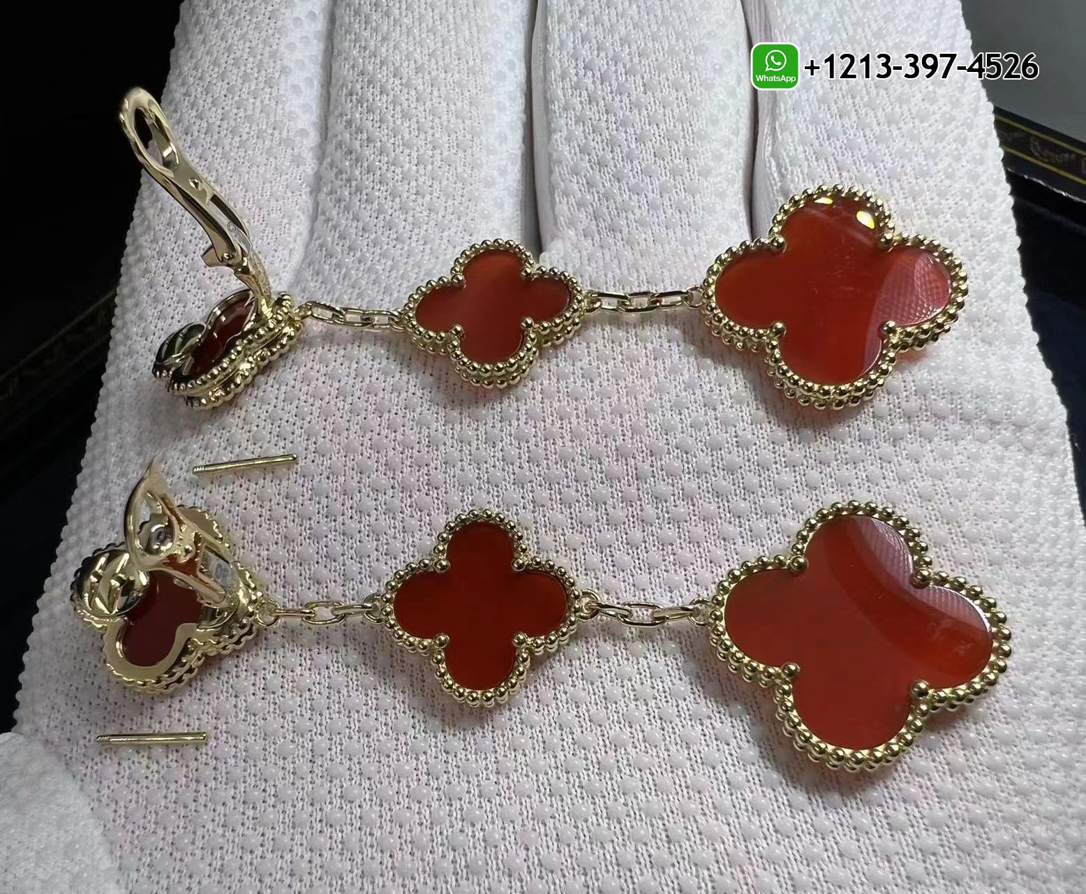 Van-Cleef-Arpels-Magic-Alhambra-18k-Yellow-Gold-Carnelian-3-Motifs-Earrings-5.jpg Custom Made Best Quality 1:1 Copy Van Cleef & Arpels Magic Alhambra 18k Yellow Gold Carnelian 3-Motifs Earrings - High Quality 18k Gold and Diamond Luxury Distinctive Collection Designer Jewelry Customized Factory Price - Image 3