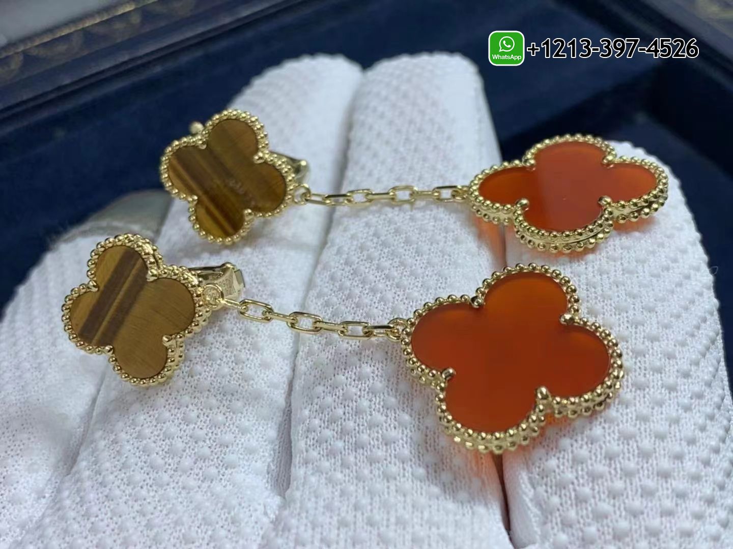 Van-Cleef-Arpels-Magic-Alhambra-18k-Yellow-Gold-Carnelian-and-Tigers-Eye-2-Motifs-Earrings-VCARN5JR00-7.jpg Best Sellers 1:1 Quality Cheap Custom Made Van Cleef & Arpels Magic Alhambra 18k Yellow Gold Carnelian and Tiger’s Eye 2 Motifs Earrings - High Quality 18k Gold and Diamond Luxury Distinctive Collection Designer Jewelry Customized Factory Price - Image 8