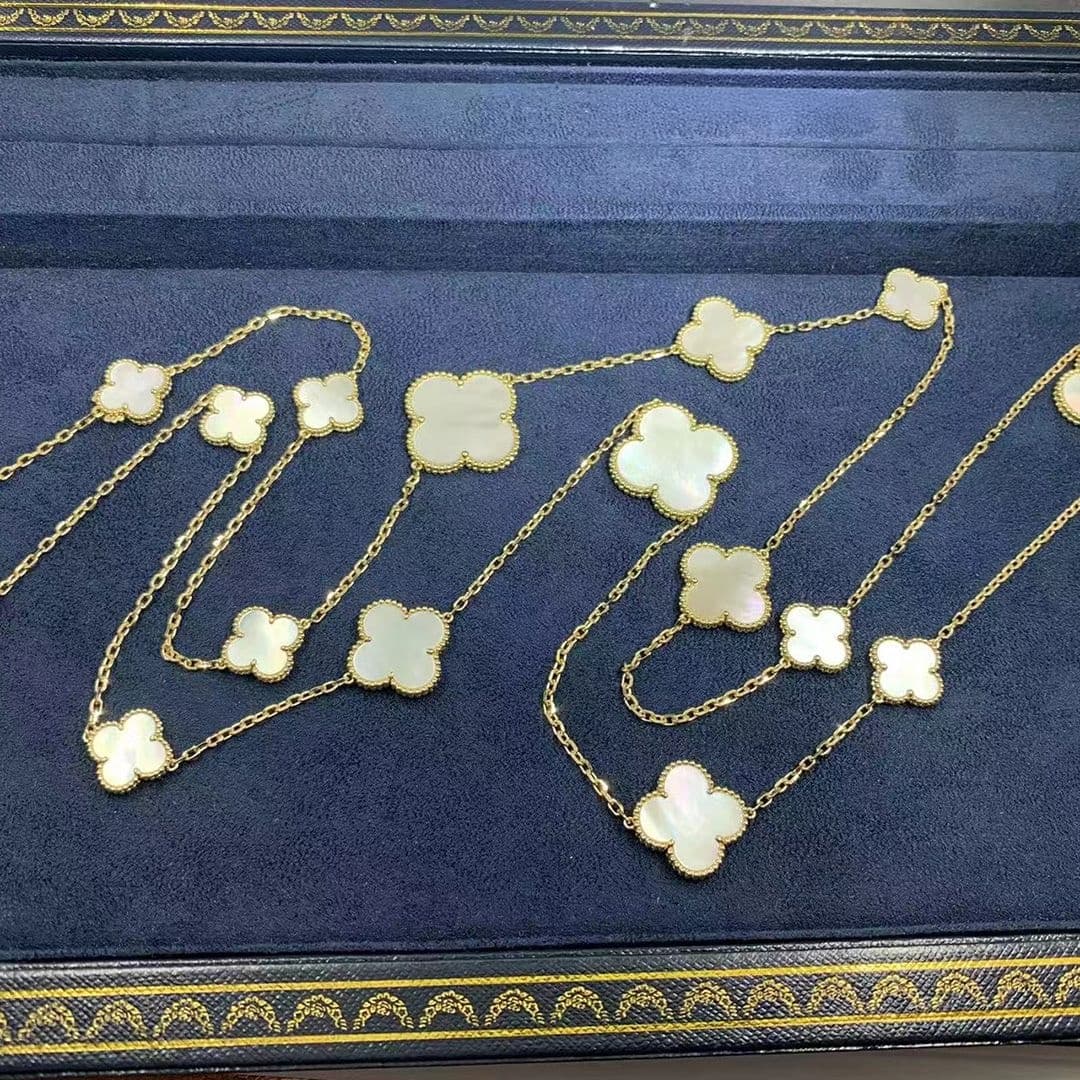 van cleef arpels magic alhambra mother of pearl 16 motif 18k yellow gold long necklace vcard79300