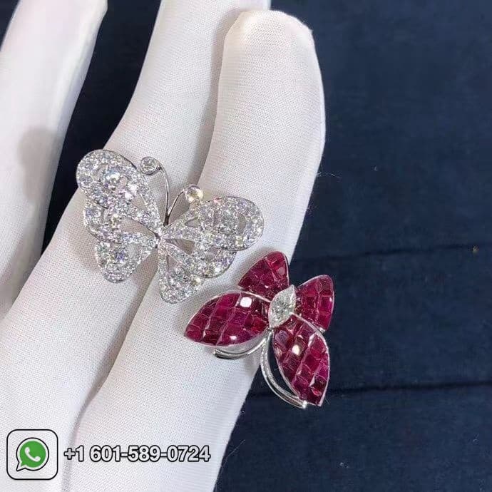 van cleef arpels mystery set ruby diamonds two flying butterfly between the finger ring vcarf27100 1