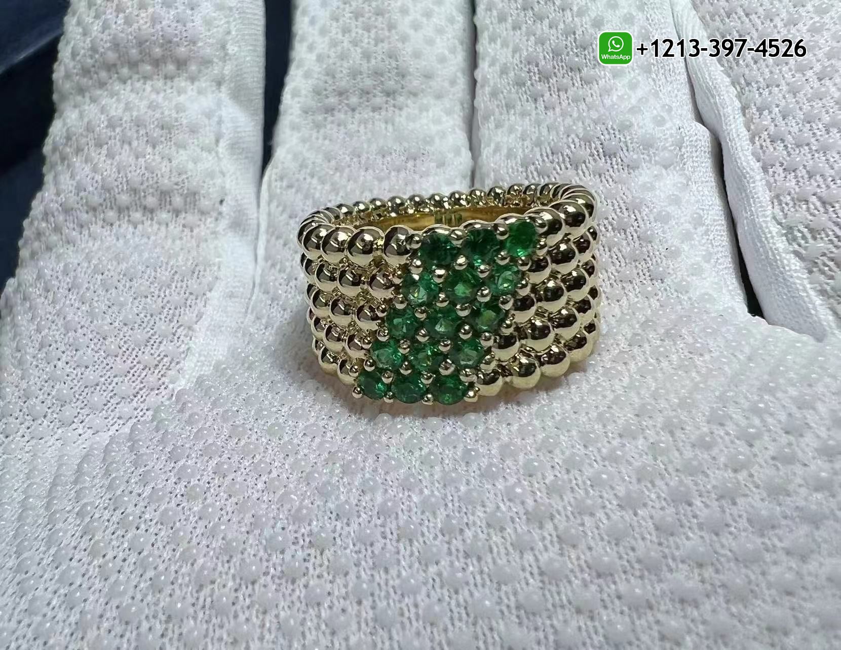 Van-Cleef-Arpels-Perlee-Couleurs-18K-Yellow-Gold-5-Rows-Emerald-Ring-VCARP7TW00-6.jpg We offer Van Cleef & Arpels jewelry custom made in real solid 18k gold, gemstones and GIA diamonds at factory price. - High Quality 18k Gold and Diamond Luxury Distinctive Collection Designer Jewelry Customized Factory Price - Image 7