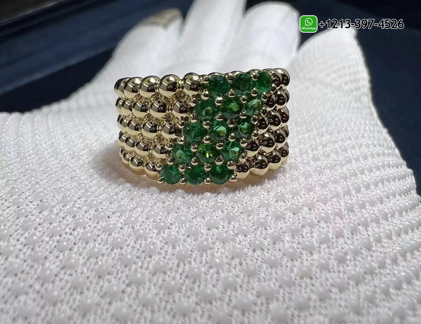 Van-Cleef-Arpels-Perlee-Couleurs-18K-Yellow-Gold-5-Rows-Emerald-Ring-VCARP7TW00-7.jpg We offer Van Cleef & Arpels jewelry custom made in real solid 18k gold, gemstones and GIA diamonds at factory price. - High Quality 18k Gold and Diamond Luxury Distinctive Collection Designer Jewelry Customized Factory Price - Image 8