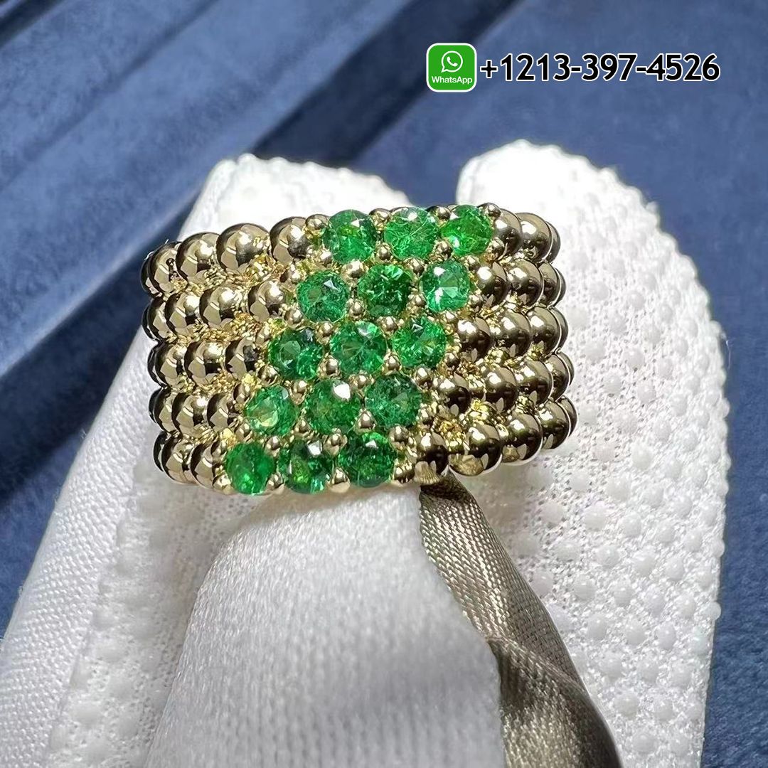 Van-Cleef-Arpels-Perlee-Couleurs-18K-Yellow-Gold-5-Rows-Emerald-Ring-VCARP7TW00.jpg We offer Van Cleef & Arpels jewelry custom made in real solid 18k gold, gemstones and GIA diamonds at factory price. - High Quality 18k Gold and Diamond Luxury Distinctive Collection Designer Jewelry Customized Factory Price