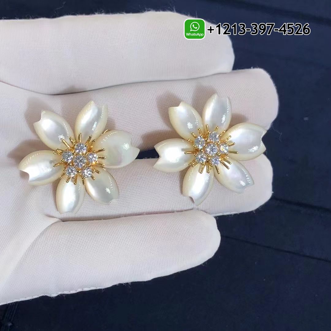Custom Made Best Quality 1:1 Van Cleef & Arpels Rose de Noel 18k Yellow Gold Mother-of-Pearl & Diamond Flower Earrings - High Quality 18k Gold and Diamond Luxury Distinctive Collection Designer Jewelry Customized Factory Price Van Cleef Arpels Rose De Noel 18k Yellow Gold Mother Of Pearl Diamond Flower Earrings