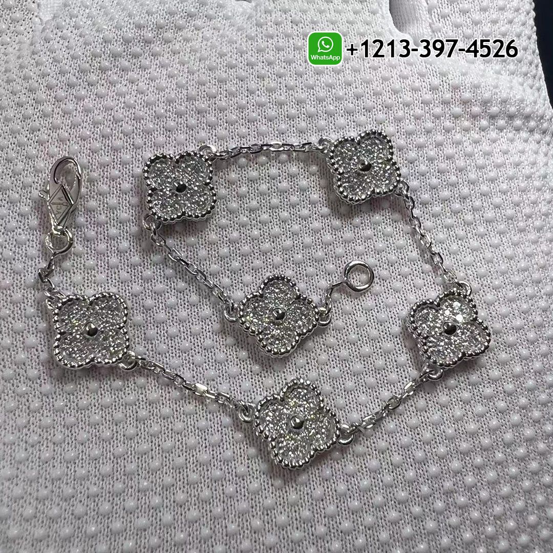 Van Cleef Arpels Sweet Alhambra 6 Motifs 18K White Gold Pave Diamond Bracelet VCARO85700