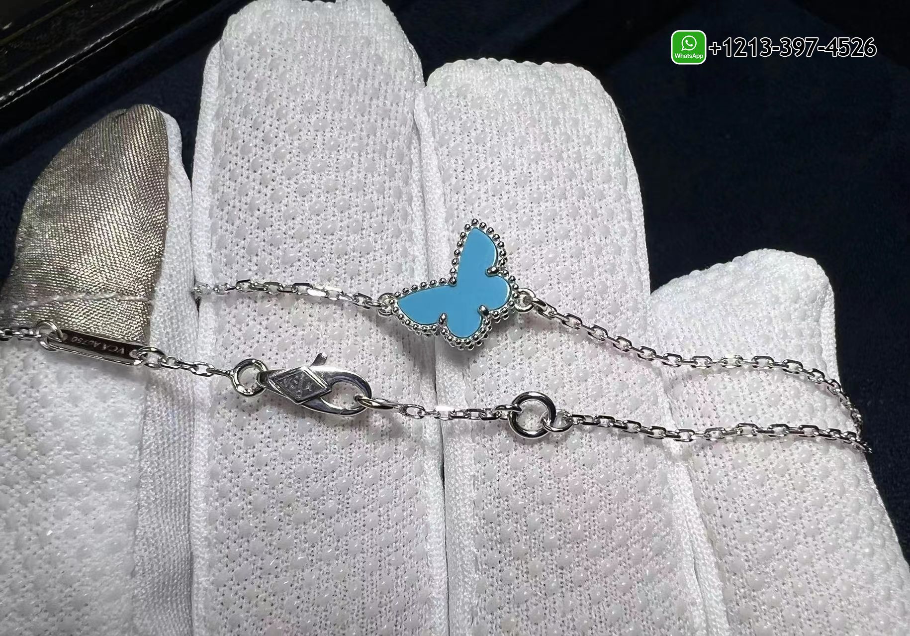 Van-Cleef-Arpels-Sweet-Alhambra-Butterfly-18K-White-Gold-Turquoise-Bracelet-VCARF80400-1.jpg Custom Made Van Cleef & Arpels Sweet Alhambra Butterfly 18K White Gold Turquoise Bracelet - High Quality 18k Gold and Diamond Luxury Distinctive Collection Designer Jewelry Customized Factory Price - Image 2
