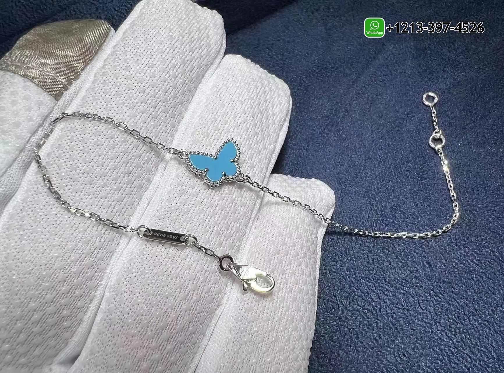 Van-Cleef-Arpels-Sweet-Alhambra-Butterfly-18K-White-Gold-Turquoise-Bracelet-VCARF80400-2.jpg Custom Made Van Cleef & Arpels Sweet Alhambra Butterfly 18K White Gold Turquoise Bracelet - High Quality 18k Gold and Diamond Luxury Distinctive Collection Designer Jewelry Customized Factory Price - Image 3