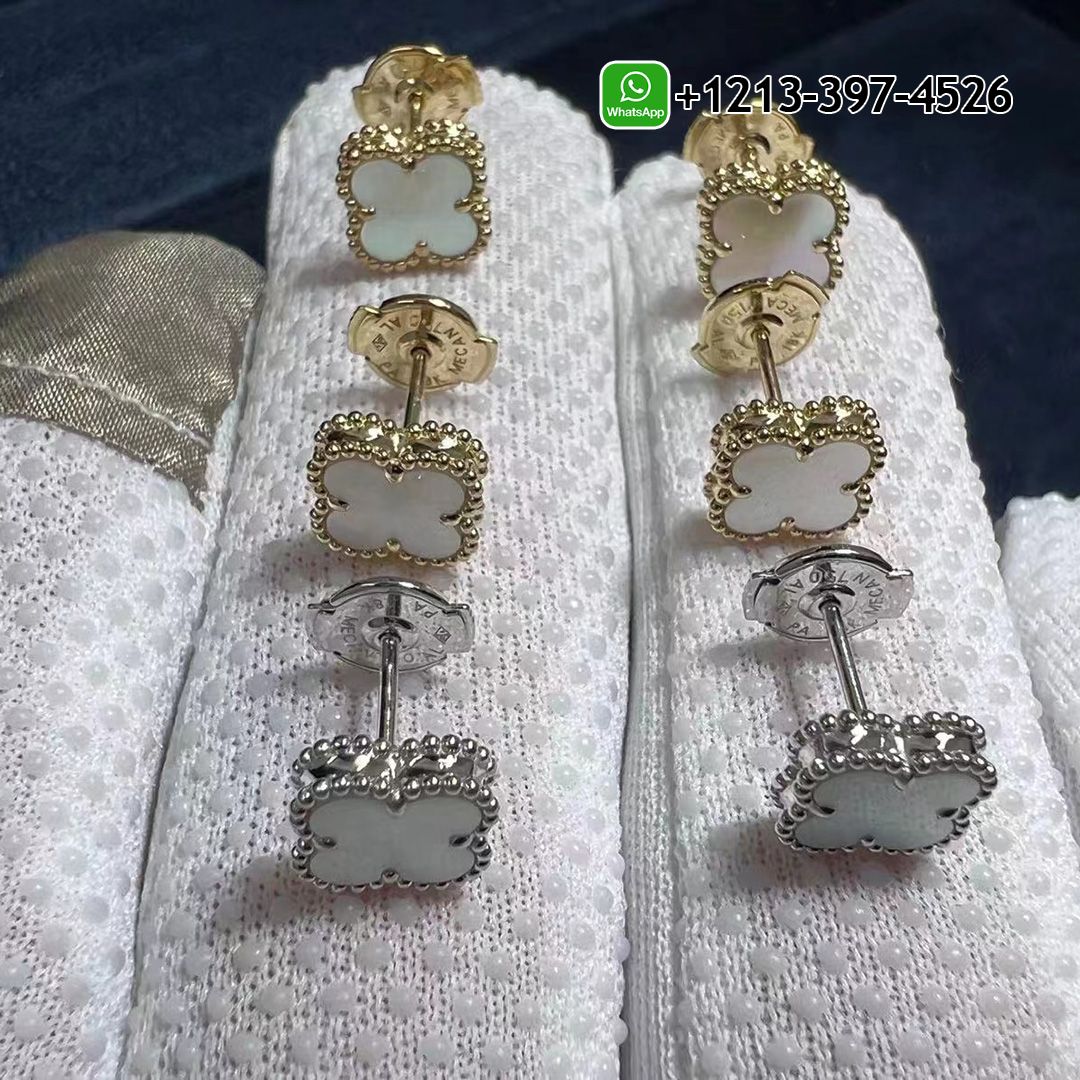 Custom Made Best Quality 1:1 Copy Van Cleef & Arpels Sweet Alhambra Mother of Pearl 18k Yellow Gold Stud Earrings - High Quality 18k Gold and Diamond Luxury Distinctive Collection Designer Jewelry Customized Factory Price
