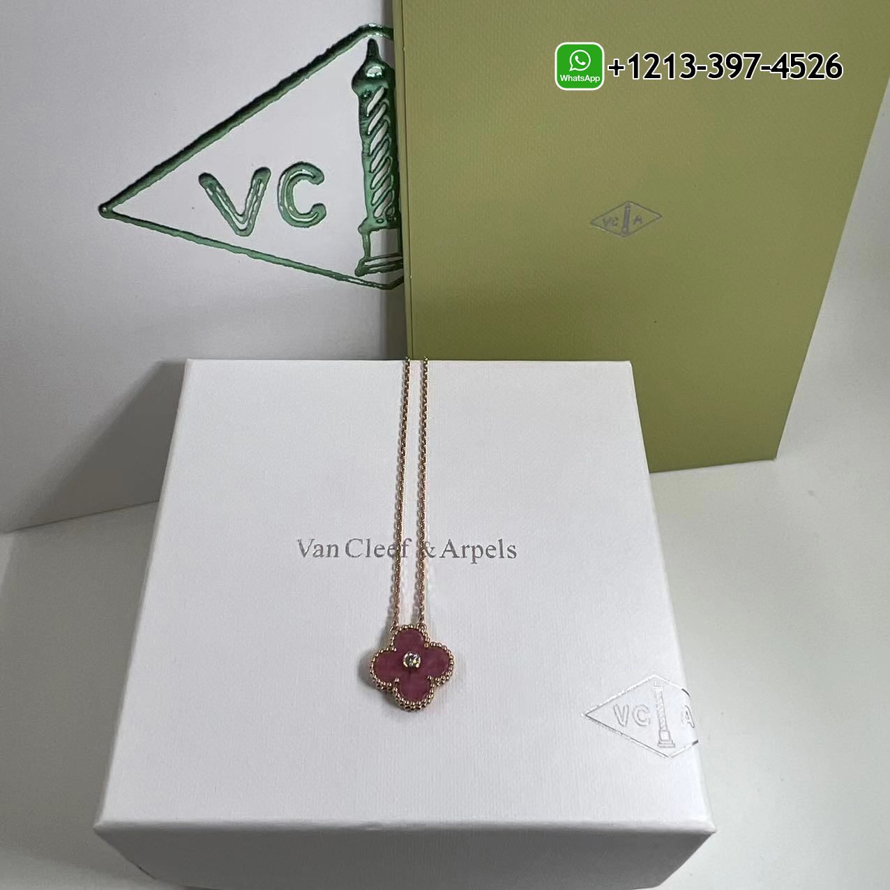 1:1 Quality Custom Made Van Cleef & Arpels Vintage Alhambra 18K Rose Gold Rhodonite Diamond Pendant Necklace - High Quality 18k Gold and Diamond Luxury Distinctive Collection Designer Jewelry Customized Factory Price