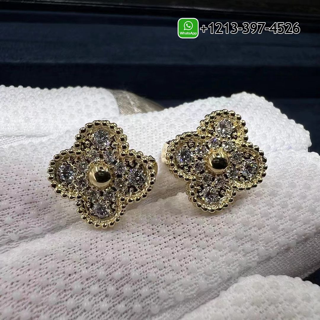 Custom Made Best Sellers Quality 1:1 Copy Van Cleef & Arpels Vintage Alhambra 18K Yellow Gold Full Diamond Earrings - High Quality 18k Gold and Diamond Luxury Distinctive Collection Designer Jewelry Customized Factory Price Van Cleef Arpels Vintage Alhambra 18K Yellow Gold Full Diamond Earrings VCARA44700 5