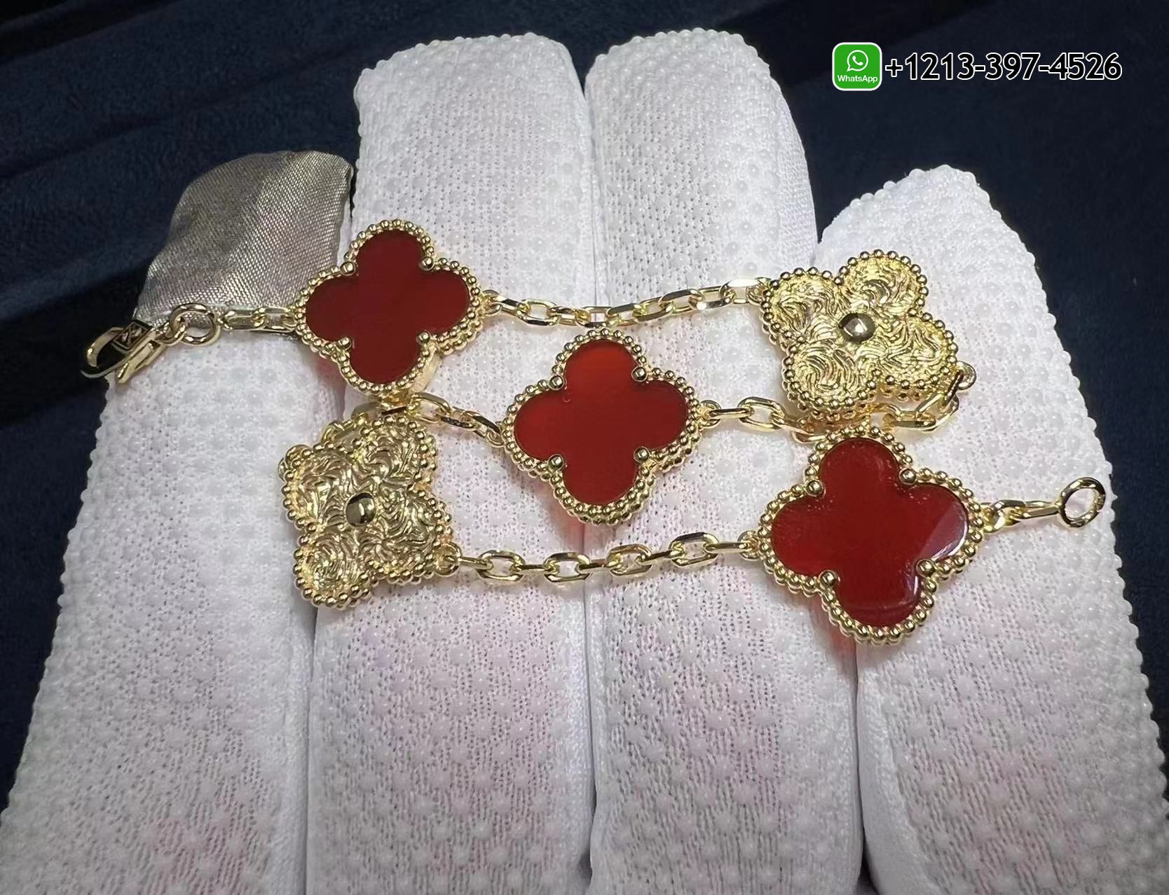 Van-Cleef-Arpels-Vintage-Alhambra-18k-Yellow-Gold-and-Carnelian-5-Motif-Bracelet-1.jpg Custom Made Best Sellers Quality 1:1 Copy Van Cleef & Arpels Vintage Alhambra 18k Yellow Gold and Carnelian 5 Motif Bracelet - High Quality 18k Gold and Diamond Luxury Distinctive Collection Designer Jewelry Customized Factory Price - Image 2